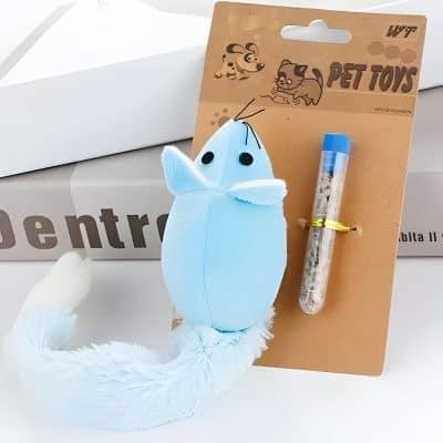 Colorful plush mouse pet toy with cartoon animals on packaging, ideal for pet enrichment and play.
