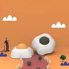 Air purifier and diffuser in a cute, modern design with playful sky-themed background for healthier air quality at home or office.