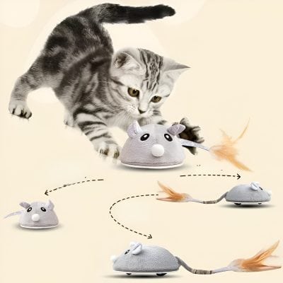 Soft gray mouse toy with feather tail and cute face, ideal for pet play and enrichment. Perfect for cats and small animals, designed to keep pets entertained and active.