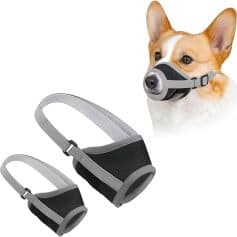Adjustable dog muzzle with breathable mesh design for pet training and safety. Perfect for managing aggressive behavior and preventing biting in dogs. High-quality, comfortable, and secure fit for pet owners.