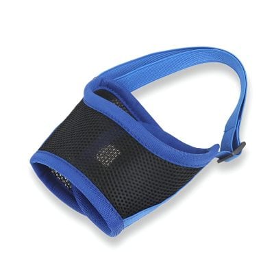 Breathable blue and black pet ID tag holder with adjustable strap, perfect for dog collars, ensuring safety and identification while outdoors.