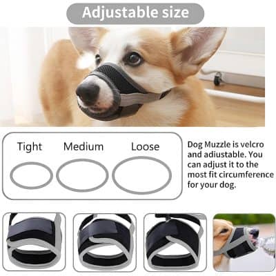 Adjustable dog muzzle with velcro strap for secure fit, suitable for training and grooming, featuring customizable size options for comfort and safety.