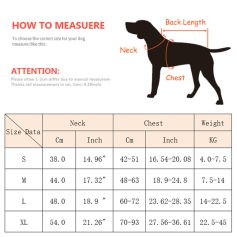Dog size measurement guide for accurate collar, harness, or clothing fitting at Monalisa Medical Store. Includes neck, chest, and weight details for small to extra-large breeds.
