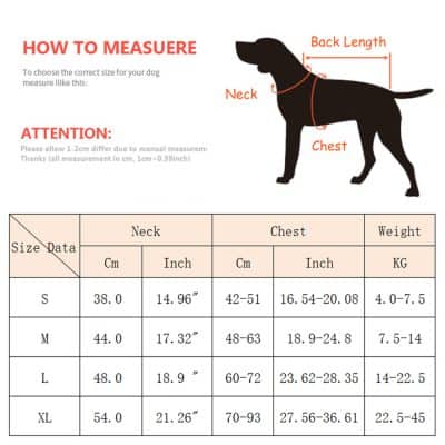 Dog size measurement guide for accurate collar, harness, or clothing fitting at Monalisa Medical Store. Includes neck, chest, and weight details for small to extra-large breeds.