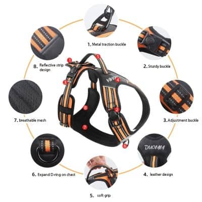 Durable dog harness with adjustable straps, breathable mesh, reflective strip design, metal traction buckle, sturdy buckles, and soft grip for pet comfort and safety.