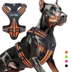 Reflective dog harness for large breeds, comfortable and secure, suitable for outdoor walking and training, featuring adjustable straps and durable material for added safety and visibility.
