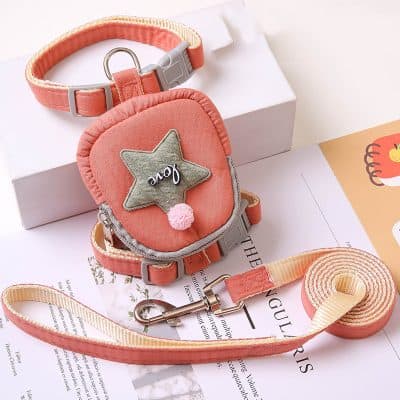 Colorful pet collar and harness set with star-shaped decorative accessory and leash, ideal for small dogs or cats, designed for comfort and style.