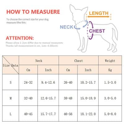 Flexible dog size measuring chart for accurate fit of dog accessories and clothing. Includes neck, chest, and weight measurements for small, medium, and large dogs.