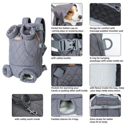 Soft gray pet backpack carrier with multiple safety features for dogs, including padded sleeves and fleece lining for warmth. Perfect for outdoor walks and travel.