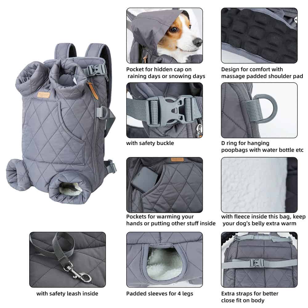 Soft gray pet backpack carrier with multiple safety features for dogs, including padded sleeves and fleece lining for warmth. Perfect for outdoor walks and travel.
