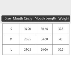 Size chart for mouth and jaw support braces, including measurements for different sizes, ensuring proper fit and comfort for dental and orthodontic treatments.