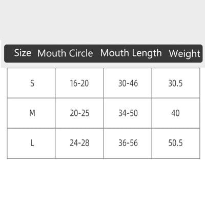 Size chart for mouth and jaw support braces, including measurements for different sizes, ensuring proper fit and comfort for dental and orthodontic treatments.