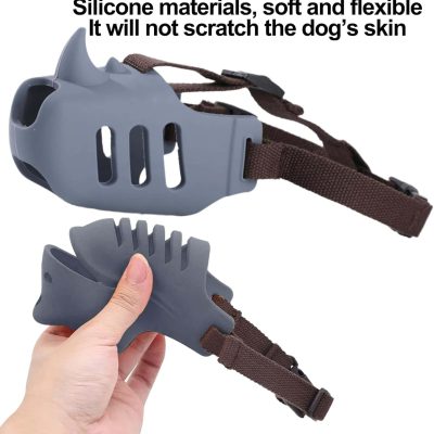 Silicone dog muzzle with adjustable straps, soft, flexible, non-scratch material, ideal for pet safety and training.