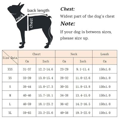 Dog size chart infographic for accurate fit, highlighting chest, neck, and leash measurement guidelines for different breeds. Essential for pet owners choosing the right dog harness or collar.