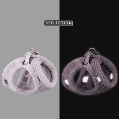 Soft plush pet harness with reflective safety features, ideal for comfortable and visible outdoor walks. Perfect for small to medium pets, combining fashion and safety.