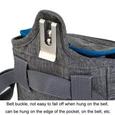 Lightweight gray and blue shoulder bag with secure belt buckle attachment for comfortable wear. Perfect for carrying daily essentials with convenience and safety.