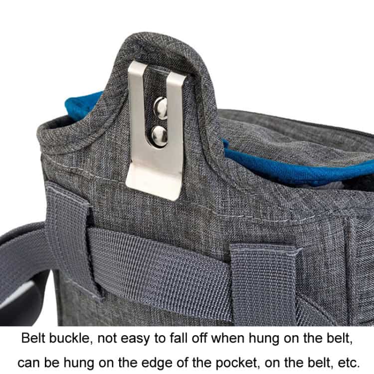 Lightweight gray and blue shoulder bag with secure belt buckle attachment for comfortable wear. Perfect for carrying daily essentials with convenience and safety.