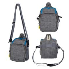 Light grey ergonomic camera bag with adjustable strap and multiple compartments for travel photography.