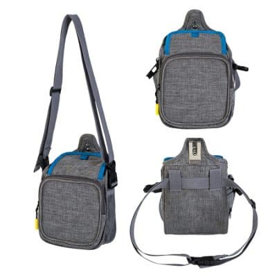 Light grey ergonomic camera bag with adjustable strap and multiple compartments for travel photography.
