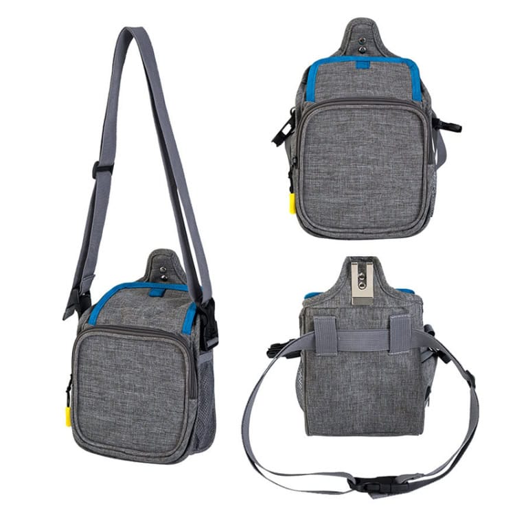 Light grey ergonomic camera bag with adjustable strap and multiple compartments for travel photography.