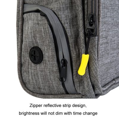 High-quality grey backpack with zipper reflective strip for safety, durable material, and ample storage. Suitable for travel, school, and daily outdoor activities.