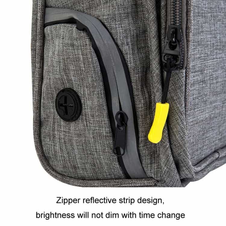 High-quality grey backpack with zipper reflective strip for safety, durable material, and ample storage. Suitable for travel, school, and daily outdoor activities.