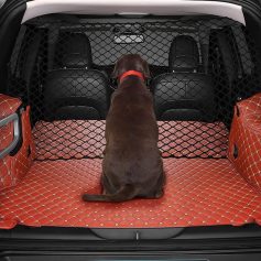 Dog in car trunk with pet barrier and cargo mat, showcasing pet safety and travel accessories.
