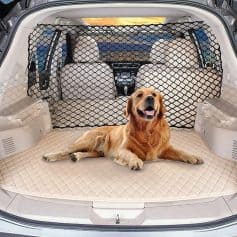 Dog on car trunk pet barrier, dog car seat cover, pet travel safety, Monalisa Store pet accessories, durable car pet barrier with quilted mat, optimized for pet travel and safety.