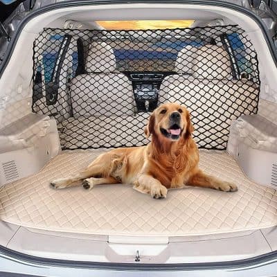 Dog on car trunk pet barrier, dog car seat cover, pet travel safety, Monalisa Store pet accessories, durable car pet barrier with quilted mat, optimized for pet travel and safety.