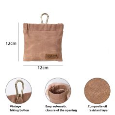 Waterproof pet treat pouch with carabiner clip for outdoor walks and training, made of durable composite oil-resistant fabric, featuring easy closure and vintage hiking button design.
