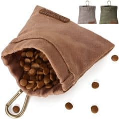 Silicone pet treat bag with carabiner clip for easy attachment and storage, perfect for dog treats and snacks, available in multiple colors for outdoor and travel use.