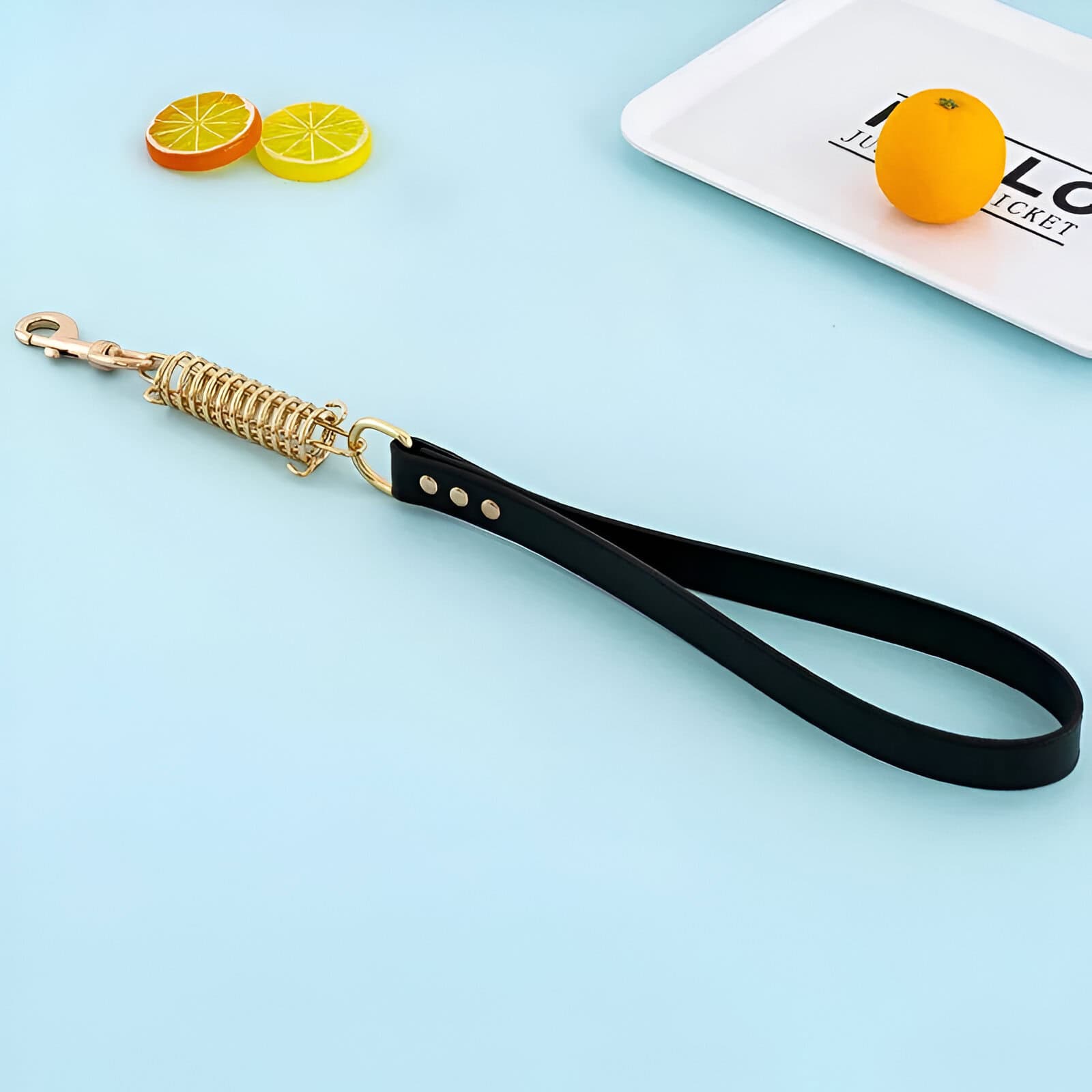 Miniature dog leash with black strap and gold hardware on pastel blue background, accompanied by lemon and orange slices and a lottery ticket with a lemon. Ideal for pet accessories, fashion, and lifestyle content.