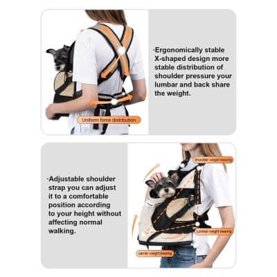 Comfortable pet carrier backpack for dogs, ergonomic design with adjustable shoulder straps, lumbar and shoulder weight-bearing structure, ideal for hands-free walks.