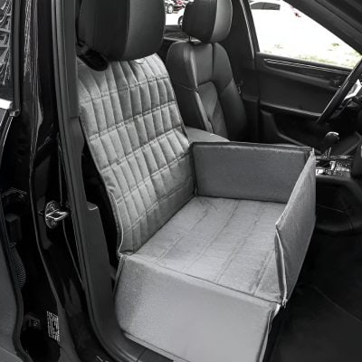 Removable pet car seat cover in gray, designed for vehicle comfort and safety, easy to install and clean, ideal for traveling with pets on the road.