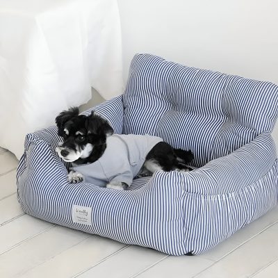 Pet dog resting on a stylish striped pet sofa, perfect for comfort and modern home decor, ideal for small dogs and puppy lounging.