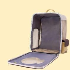 Light beige travel backpack with an open, organized interior and a built-in shoe compartment, ideal for organizing travel essentials and footwear. Perfect for business or leisure trips.