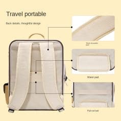 Backpack with shoulder pads and compartments for travel, suitable for medical or personal use.