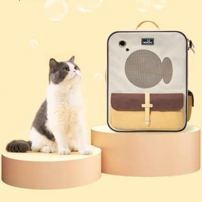Portable cat carrier with mesh window and zipper closure for pet travel, displayed alongside a cute gray and white cat on a pastel background.