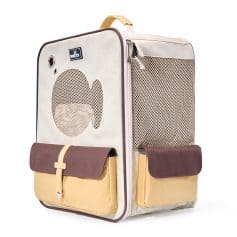 Travel-sized pet carrier with breathable mesh panels and storage pockets, ideal for small pets. Perfect for trips and visits to Meralis Medical stores, ensuring comfort and convenience for your furry friend.