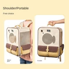 Light-colored portable shoulder bag with fish-shaped speaker cutout and front pocket, ideal for errands and travel.