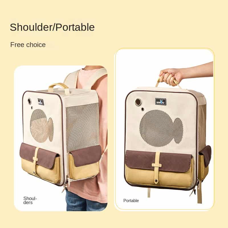 Light-colored portable shoulder bag with fish-shaped speaker cutout and front pocket, ideal for errands and travel.