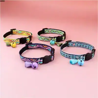 Colorful embroidered pet collars with bells and tassels, ideal for small dogs and cats, available at Monalisa Medical Store, combining style and comfort for your pets.