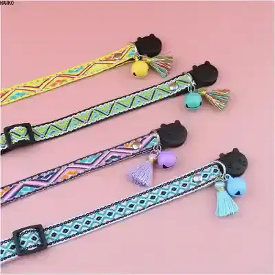 Colorful woven pet collars with Hello Kitty charm and cute tassels, perfect for small dogs or cats, available at Monalisa Store for stylish pet accessories.
