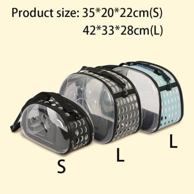 Transparent pet carrier bags for small, medium, and large animals, featuring breathable holes, sturdy handles, and secure zippers, ideal for travel and pet safety.