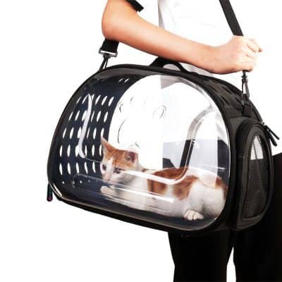 Pet carrier with transparent enclosure for cats at Monalisa Store, perfect for feline travel and pet care needs.