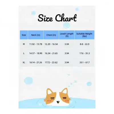 Size chart for pet clothing, including measurements for neck, chest, leash length, and suitable weight ranges, ideal for ensuring proper fit for medium, large, and extra-large dog sizes.