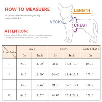 Comfortable dog collar sizing chart from Monalisa Medical Store, showcasing how to measure your dog's neck, chest, and leash length for perfect fit; durable, adjustable, and suitable for all dog sizes.