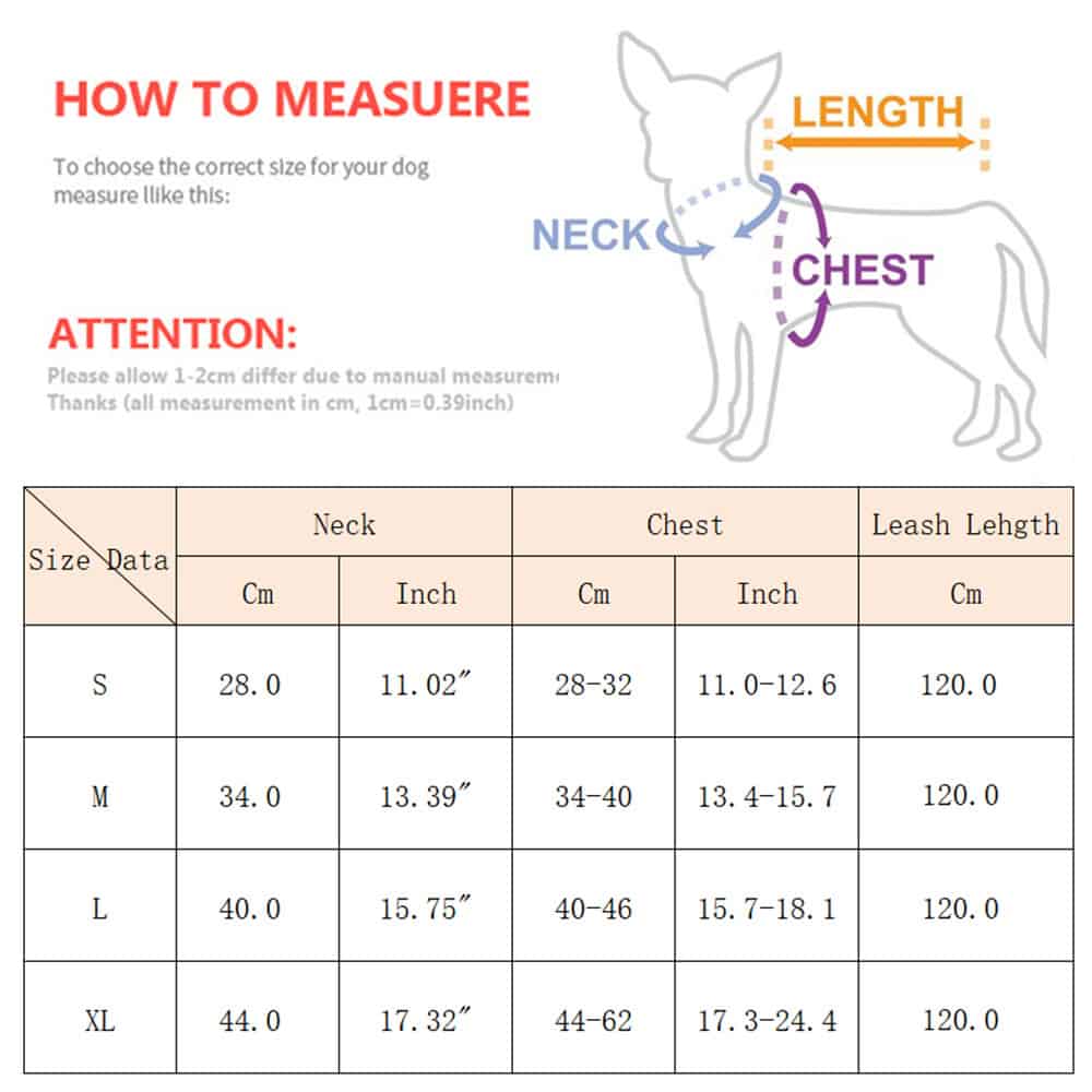 Comfortable dog collar sizing chart from Monalisa Medical Store, showcasing how to measure your dog's neck, chest, and leash length for perfect fit; durable, adjustable, and suitable for all dog sizes.