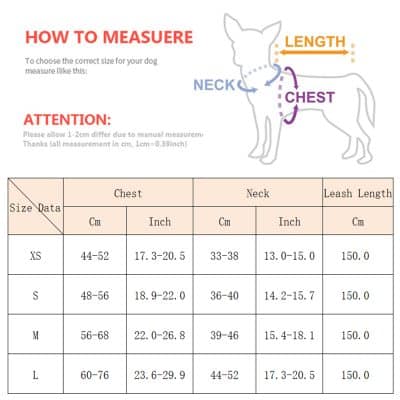 Comfortable pet clothing measurement guide for dogs, including neck, chest, and leash length for accurate sizing. Ideal for pet apparel shops, pet owners, and veterinary practices.