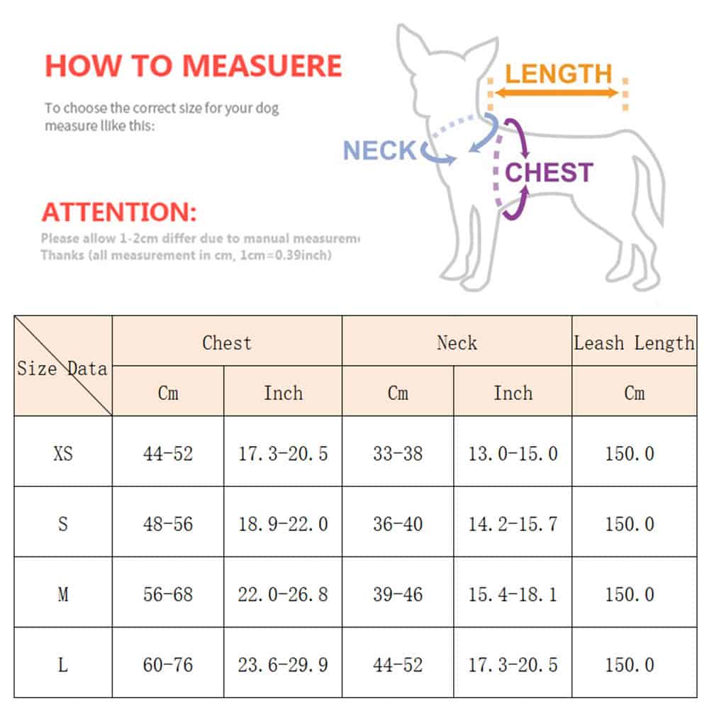 Comfortable pet clothing measurement guide for dogs, including neck, chest, and leash length for accurate sizing. Ideal for pet apparel shops, pet owners, and veterinary practices.